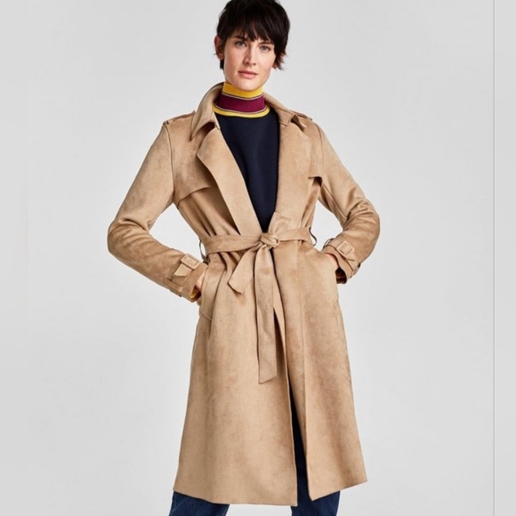 Zara Faux Suede Camel Wrap Slightly Oversized Trench Coat Sz XS NWOT - Picture 4 of 8